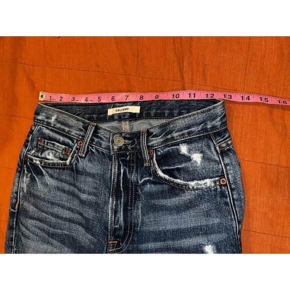 Grlfrnd Blue High-Rise Button-Fly Distressed Look Slim Fit Dark Wash Women's Jea - Picture 7 of 11